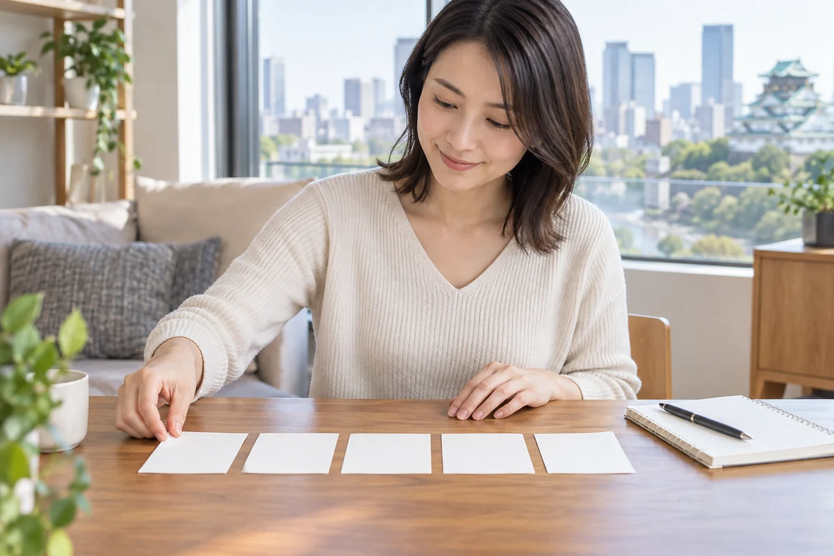 大阪の探偵相談前に五つの疑問をカードへ整理する成人女性のイメージ