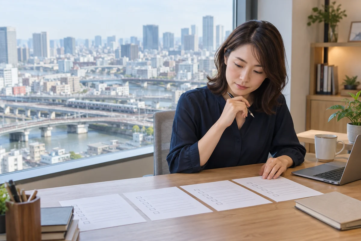 大阪で浮気調査の目的と移動範囲と予算を整理する成人女性のイメージ