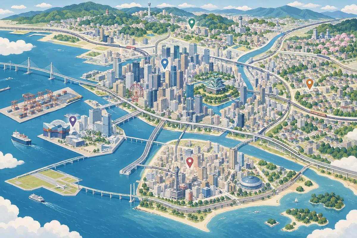 大阪市内と北摂と河内と泉州を含む調査移動範囲を抽象地図で整理するイメージ