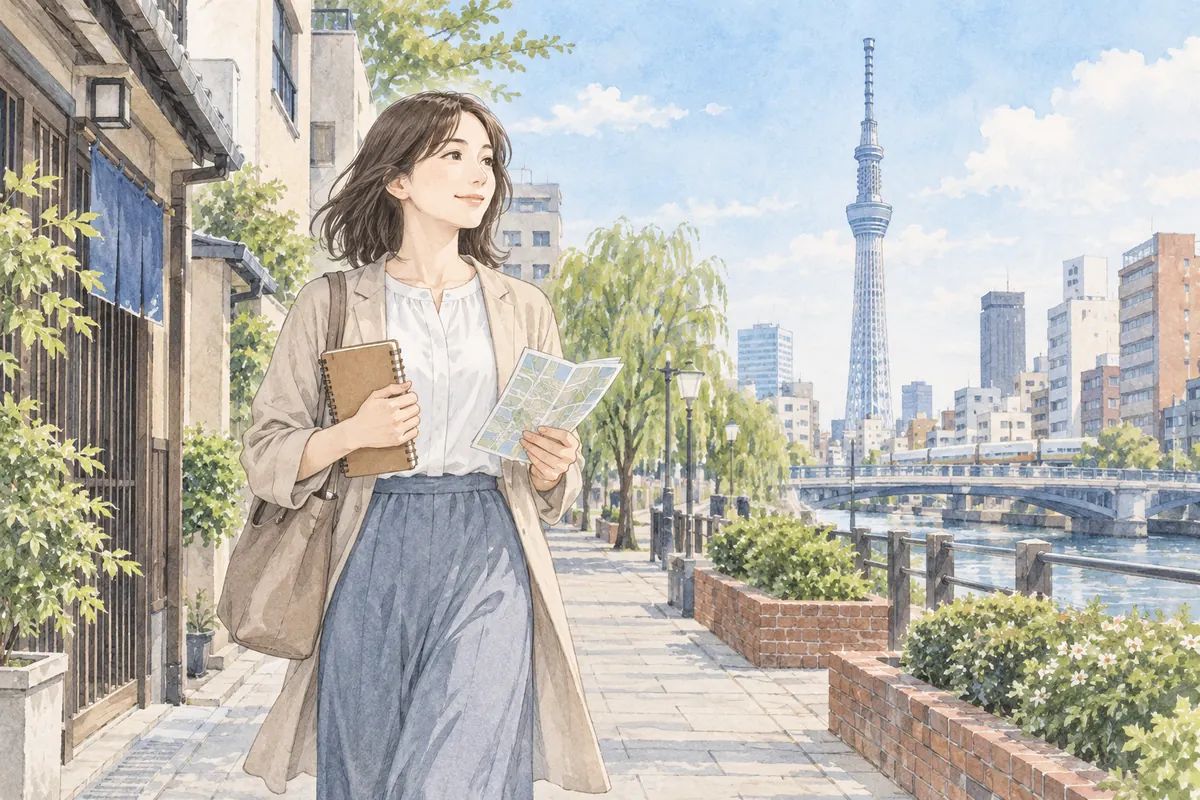 地図とノートを持って下町の相談会場へ向かう女性