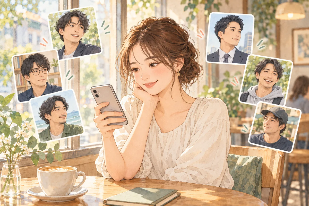 スマートフォンのプロフィールを見ながら好みを考える女性