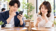 カフェでスマートフォンを自分へ向けて出会いサービスを検討する男女