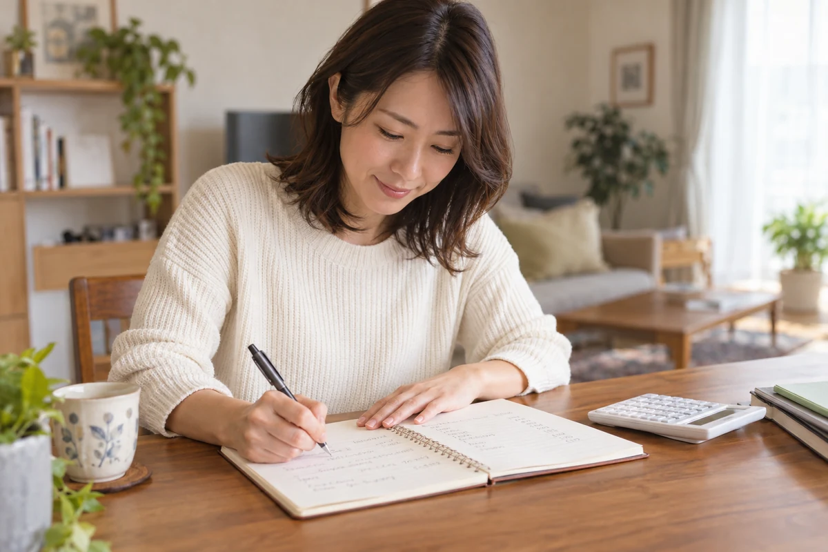 電話占いの質問と予算をノートにまとめる女性