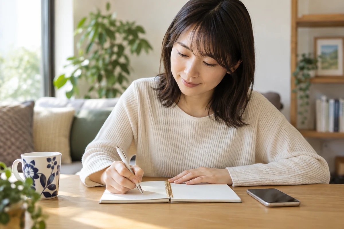 電話占いの質問と予算をノートにまとめる女性