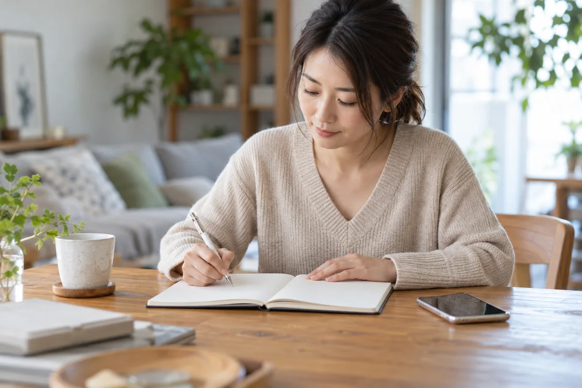 電話占いの質問と予算をノートに整理する女性