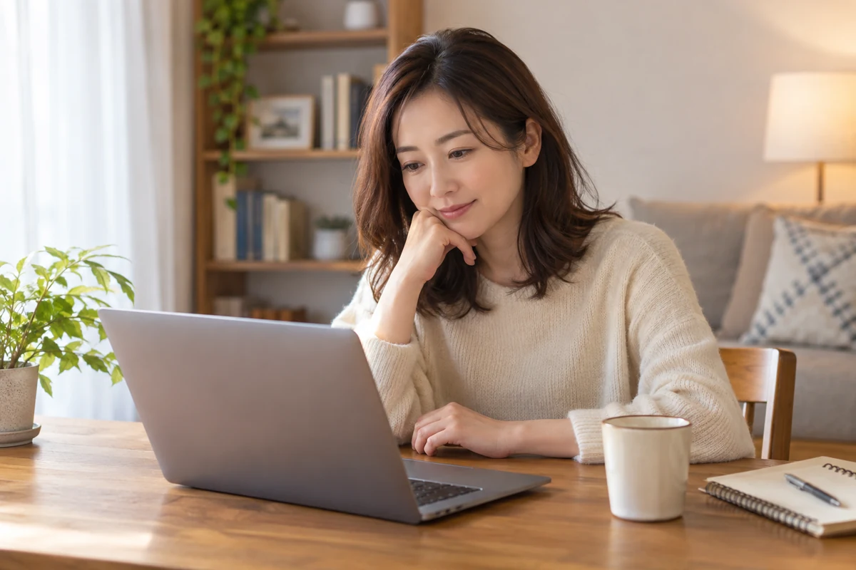 電話占いを利用する前に占い師プロフィールを確認する女性
