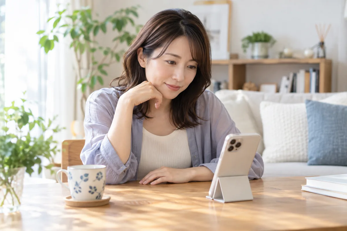 スマートフォンで占い師プロフィールを確認する女性
