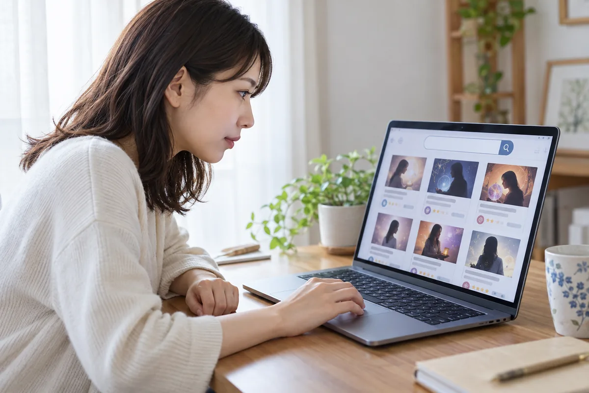 SATORIの占い師プロフィールを検索して在籍状況を確認する女性