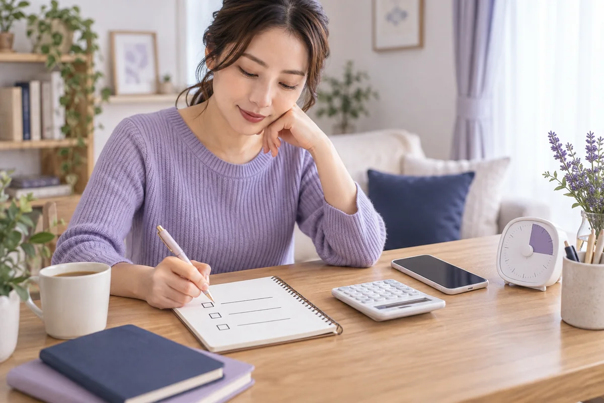 電話占いの相談時間と予算をノートに整理する女性