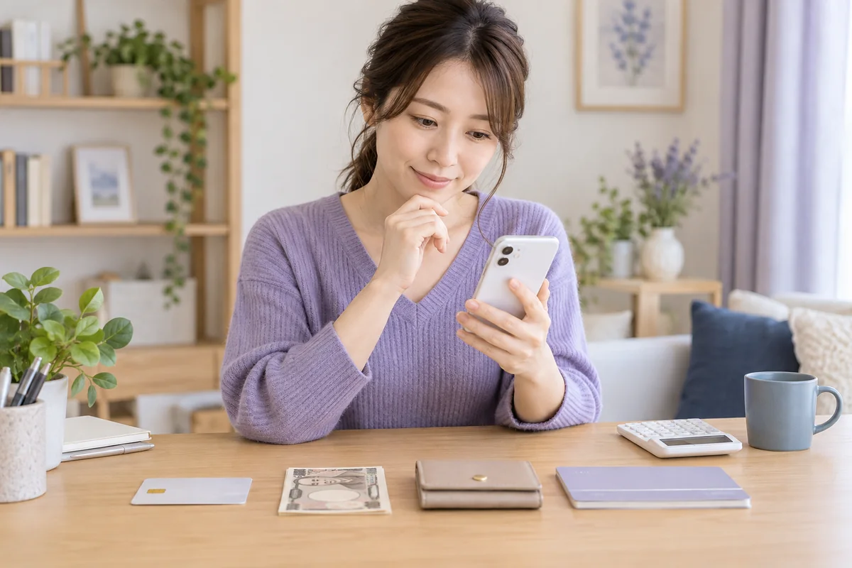 スマートフォンで電話占いの支払い方法を確認する女性