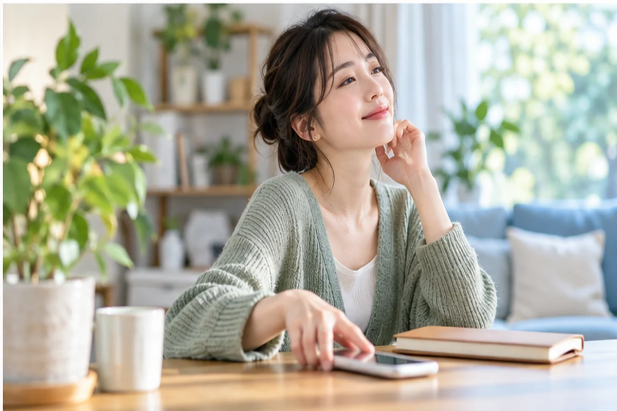 スマートフォンを置いて自分の生活へ戻る女性