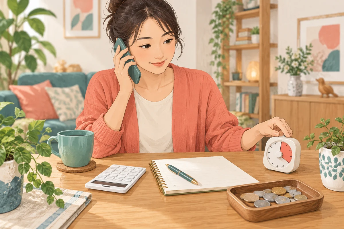 タイマーと予算カードで相談時間を管理するイメージ