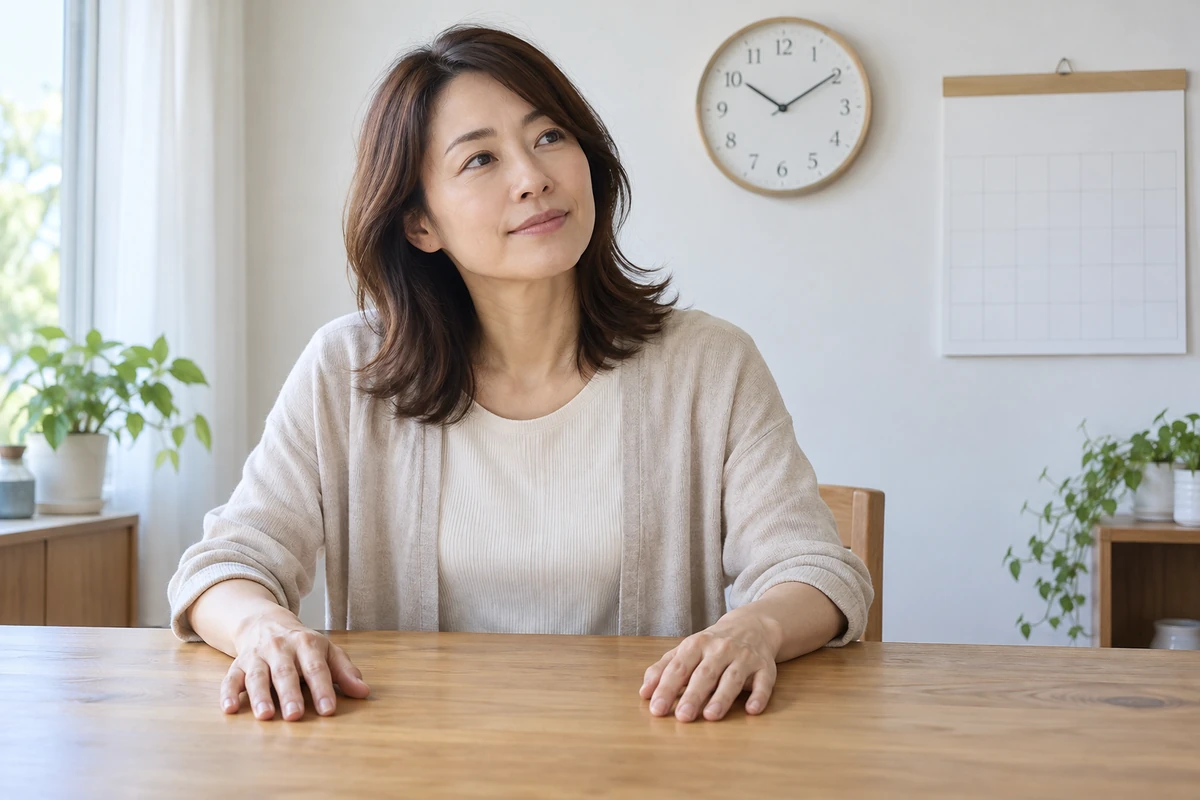 連絡する時期を時計とカレンダーの前で落ち着いて考える女性