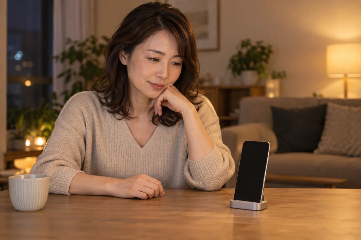 スマートフォンへ連絡する前に文面を落ち着いて考える女性