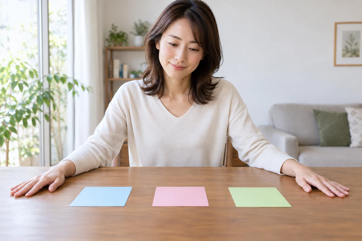 事実と希望と不安を三つに分けて整理する女性