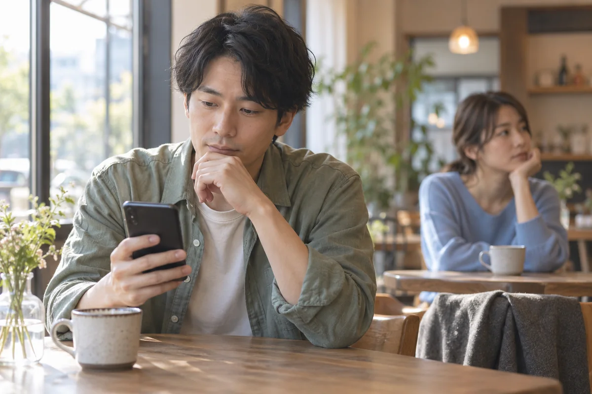 返信を待ちながらスマートフォンを確認する男性