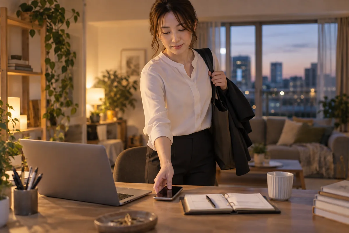 仕事を終えてから落ち着いてスマートフォンを確認する女性