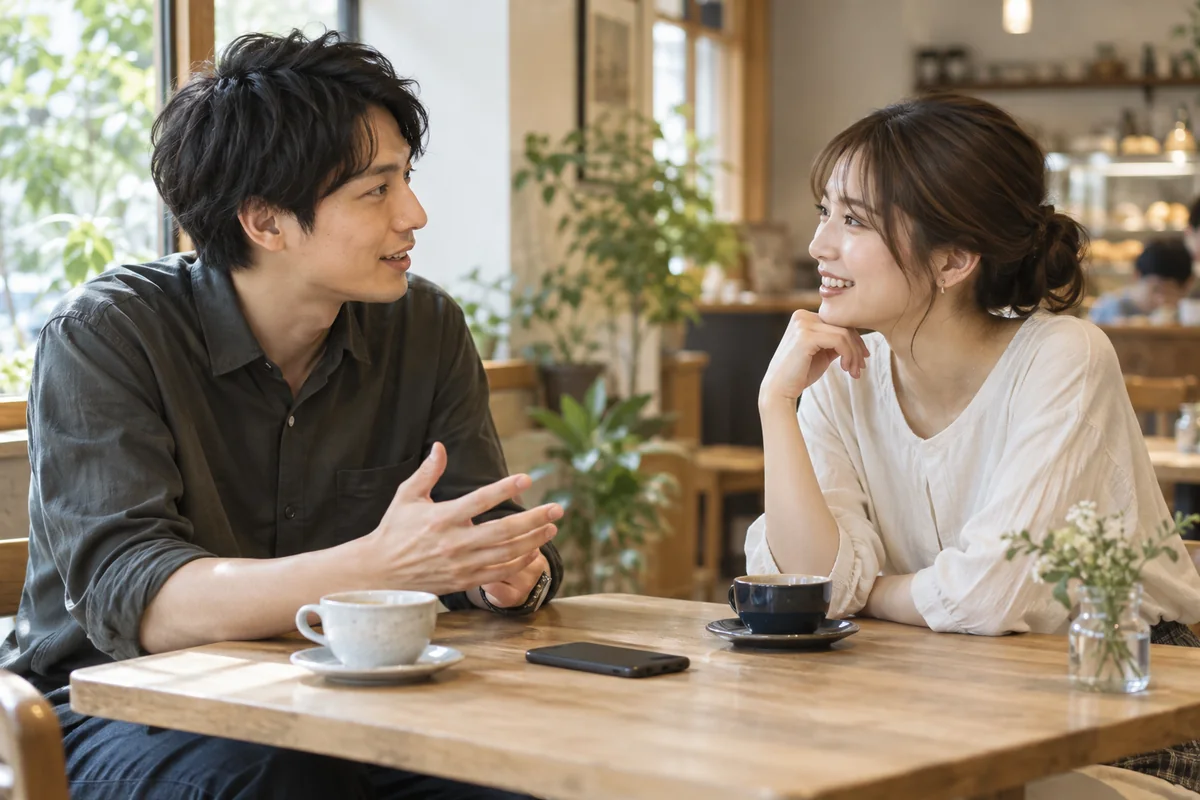 スマートフォンを置いて会話を楽しむ男女