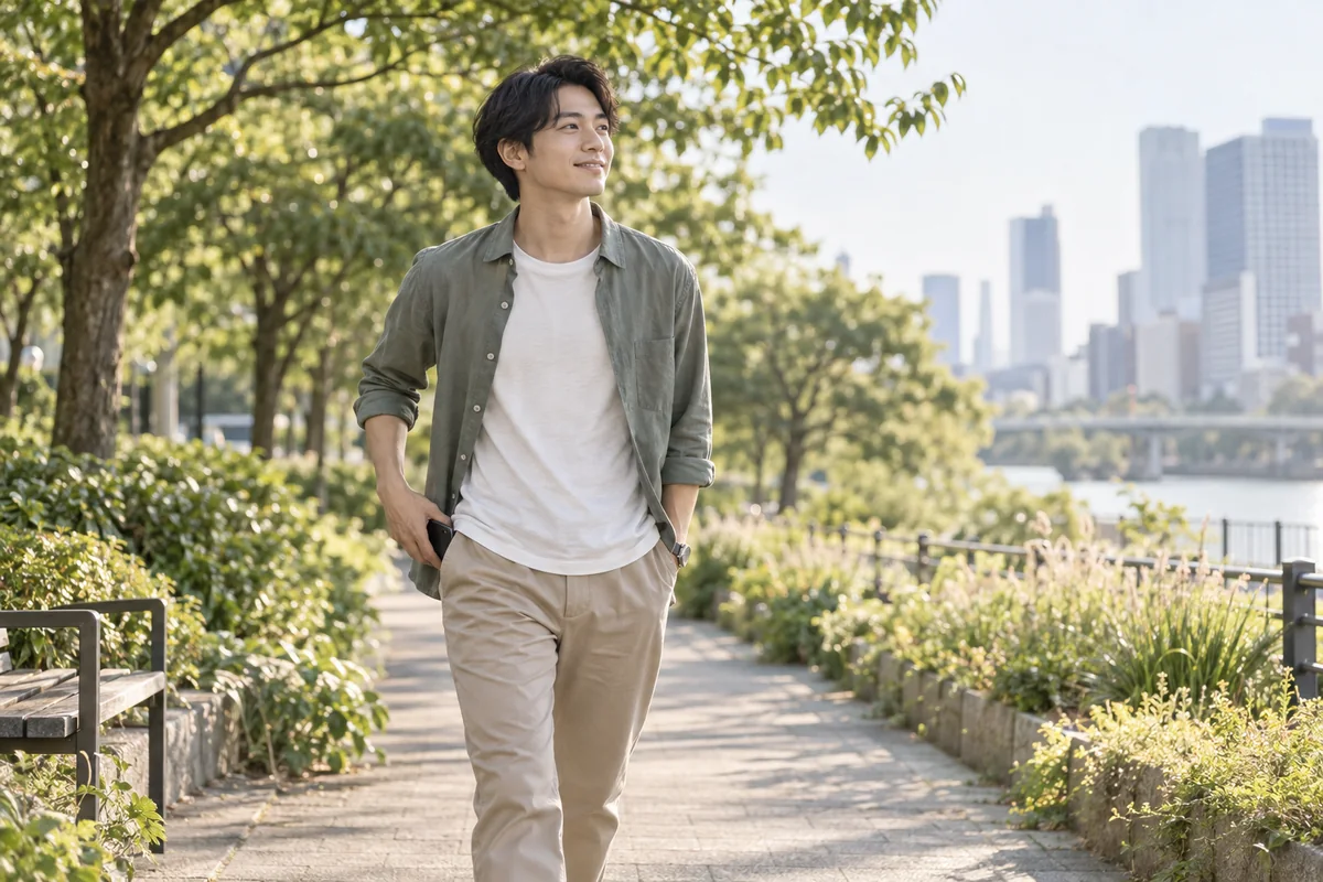 メッセージを送ったあとスマートフォンをしまって散歩する男性