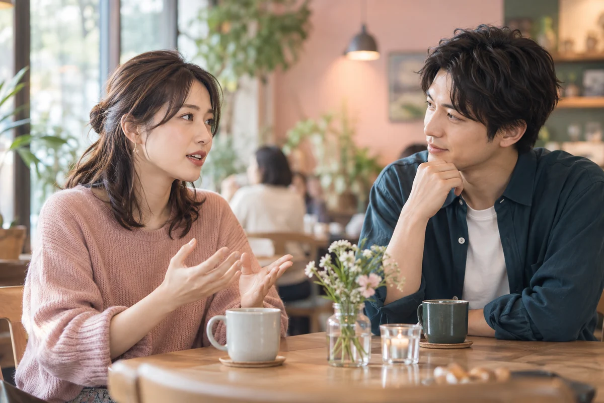 落ち着いたカフェで相手へ希望を伝える女性