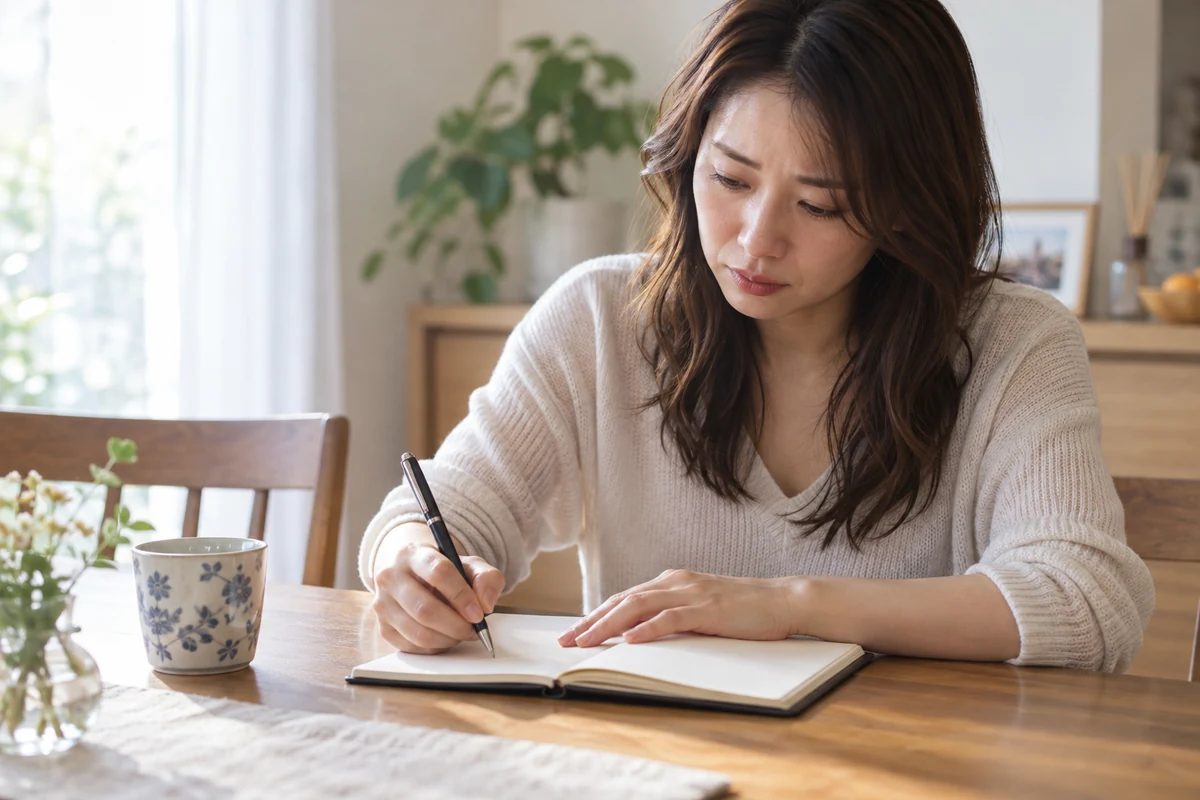 浮気後の自分の行動をノートに書いて振り返る女性