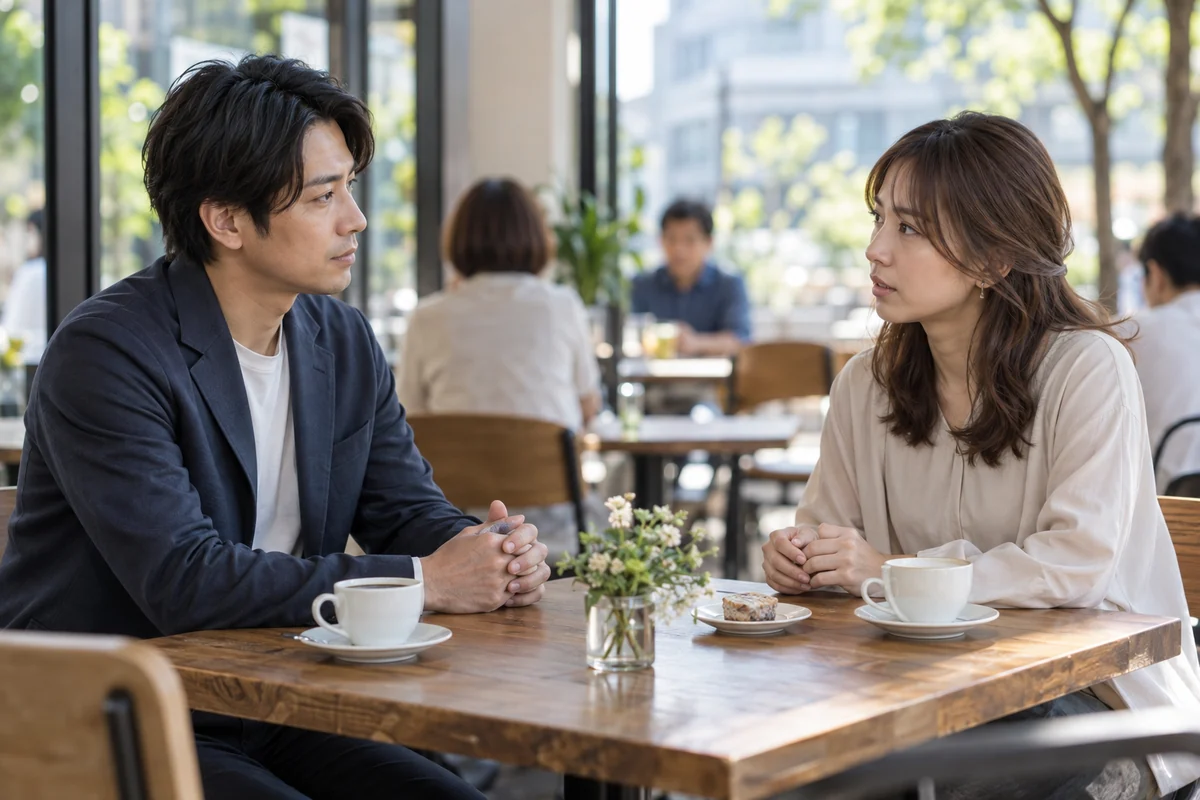 交際中の女性と境界線を守って話す男性