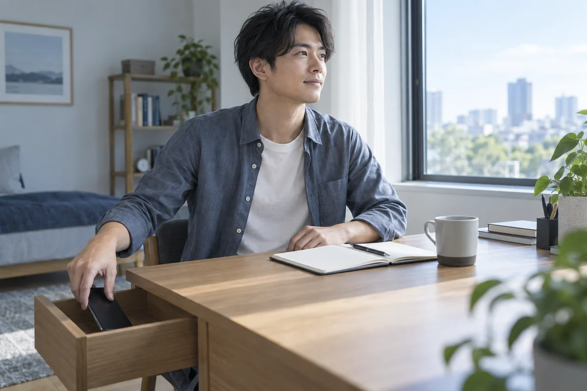 相手を監視せずスマートフォンから距離を置く男性