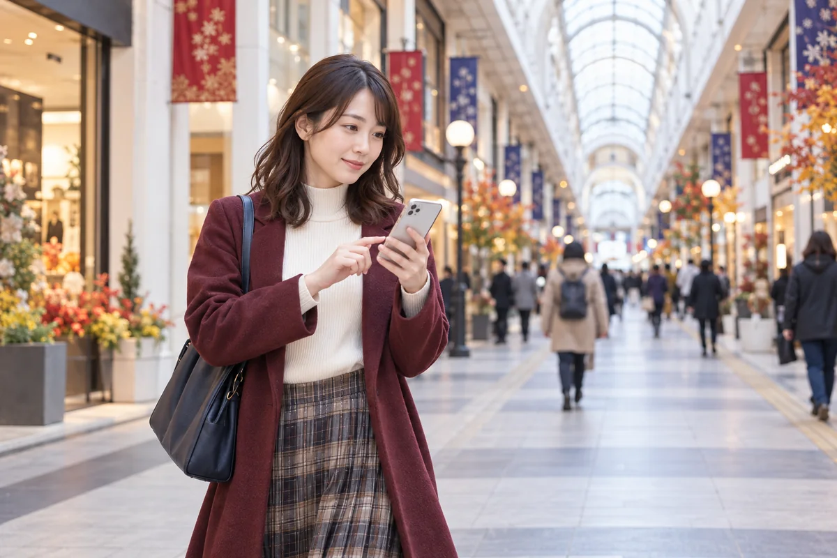 札幌の商店街でスマートフォンの経路を確認する女性