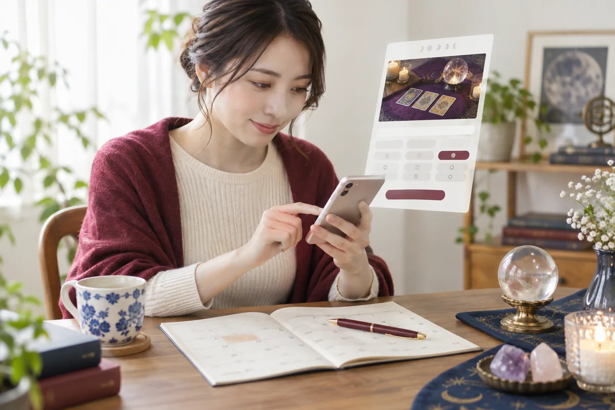 スマートフォンとカレンダーで鑑定日時を予約する女性