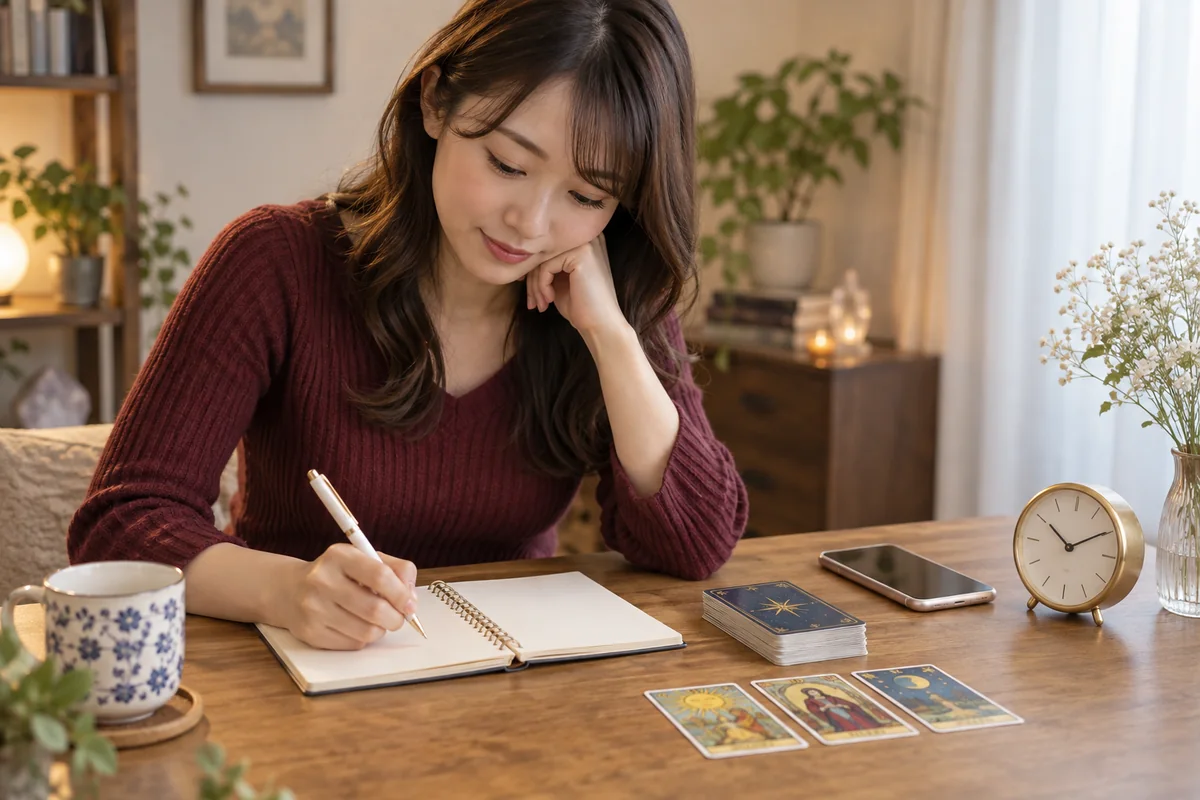 初回鑑定で聞きたい質問をノートへ整理する女性