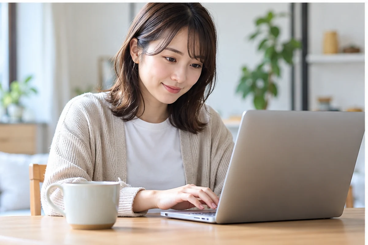 スマートフォンで手続きを確認する女性