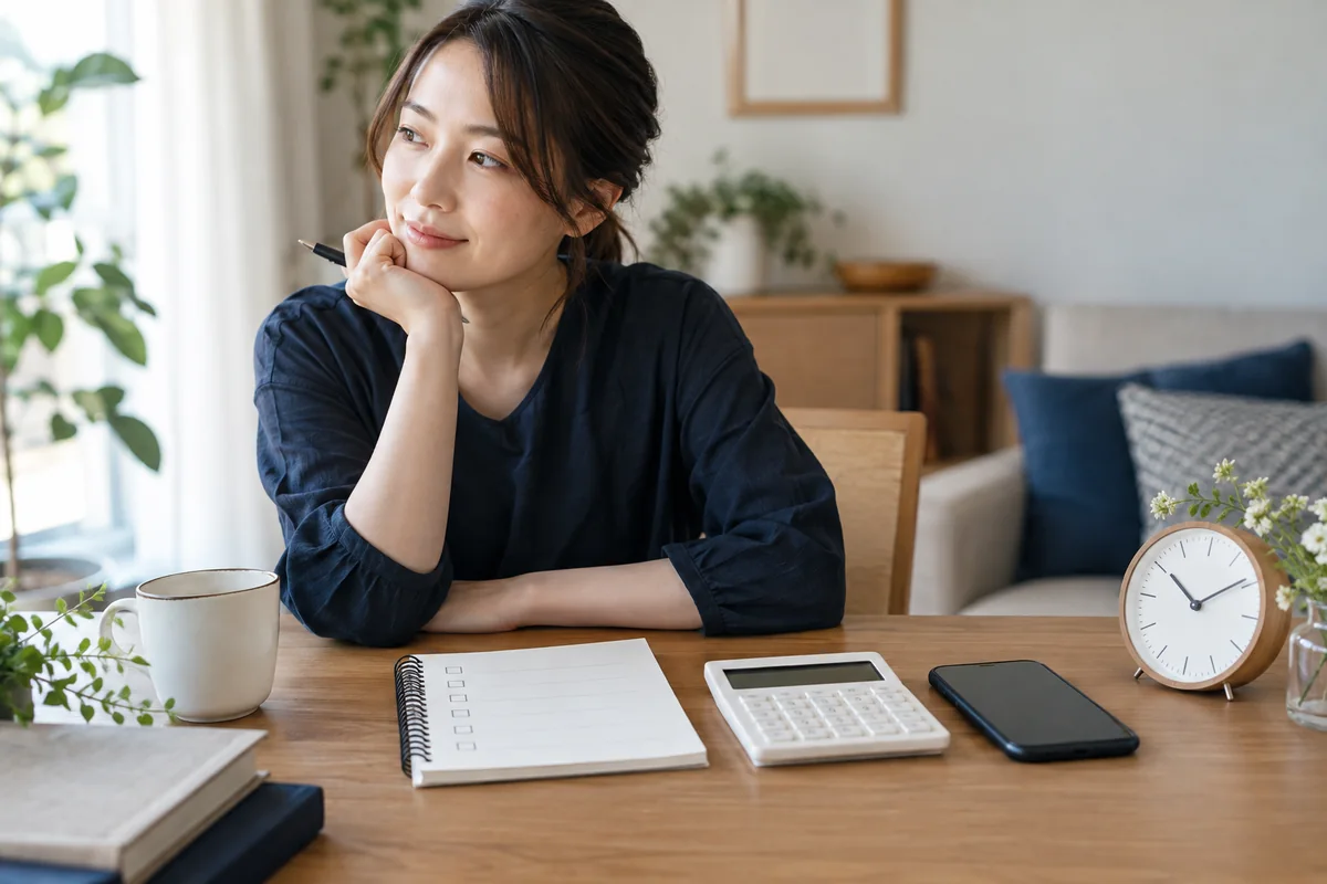 時計と電卓で電話相談の時間と料金を決めるイメージ