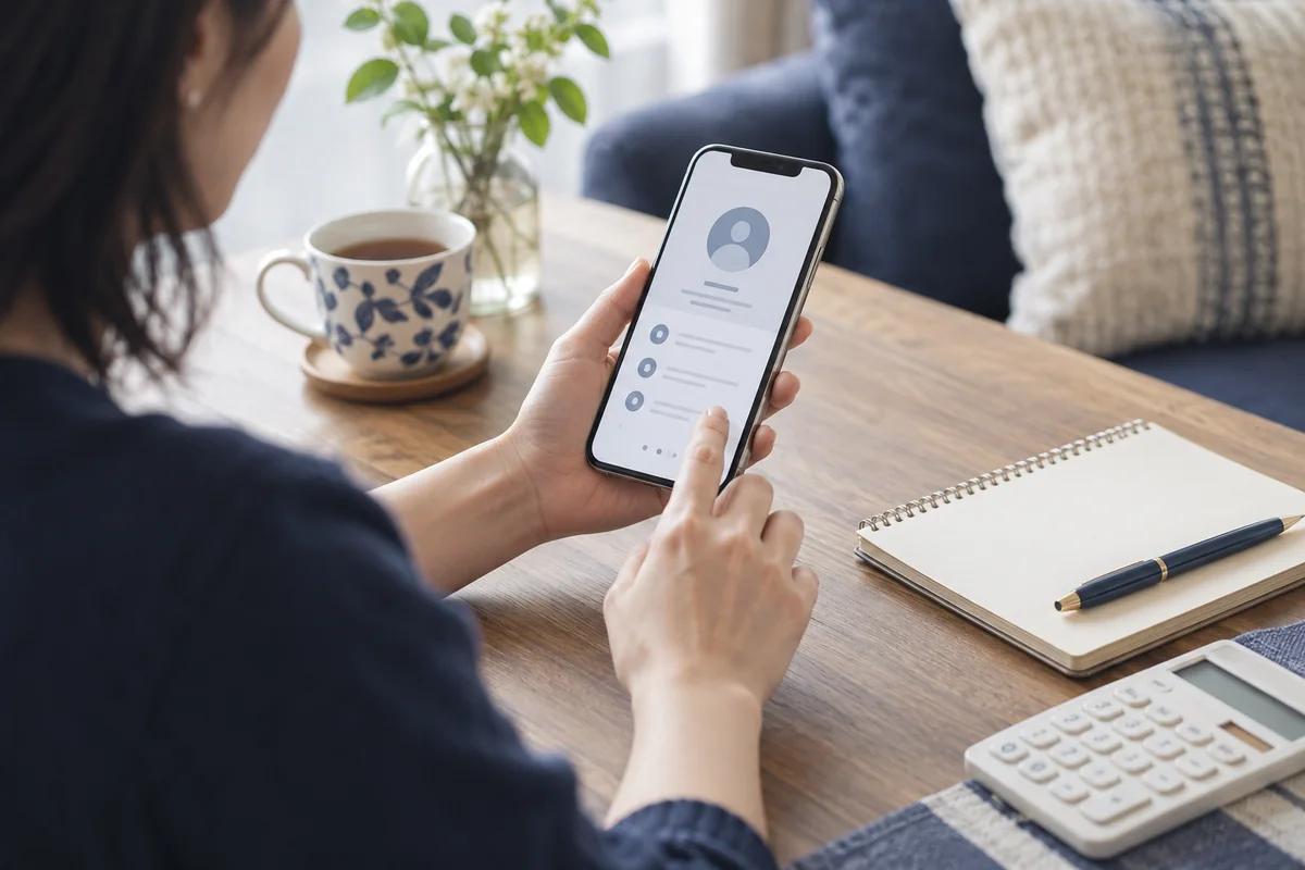 スマートフォンとノートで相談前に料金とプロフィールを確認するイメージ