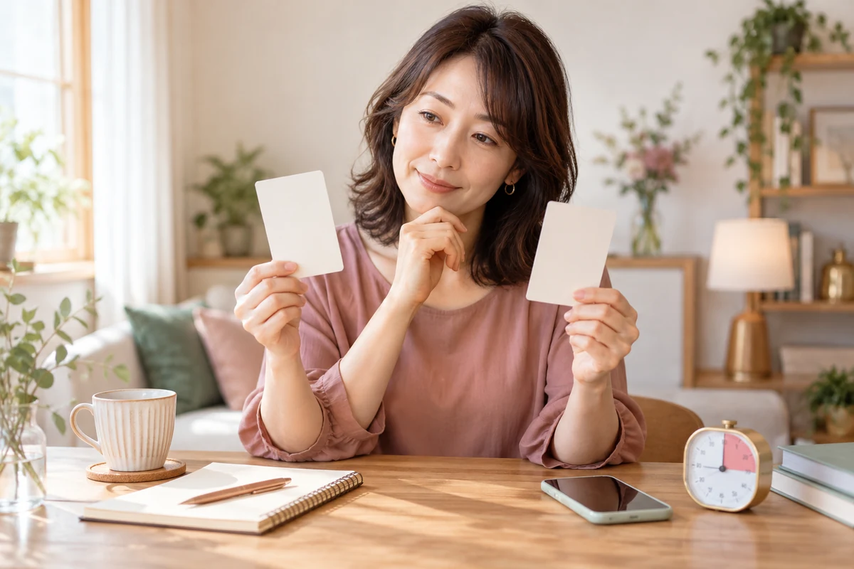 電話相談前に二つの選択肢を落ち着いて比較する女性のイメージ