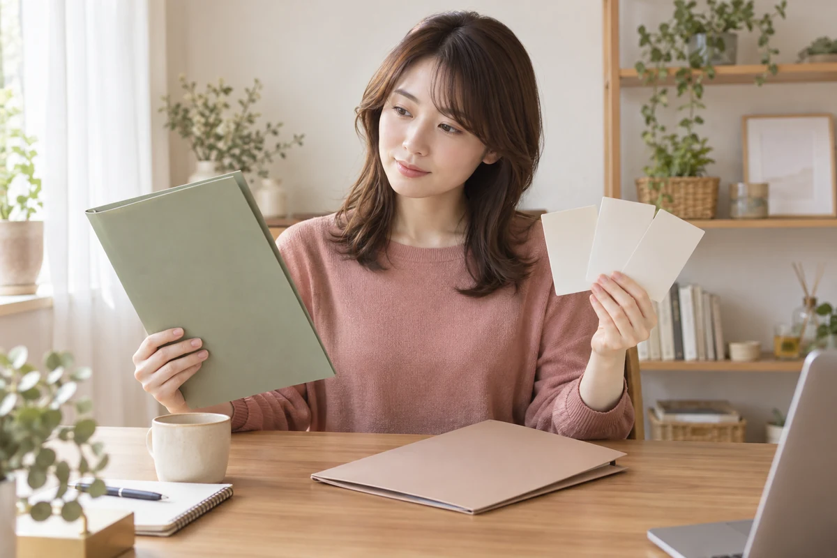相談方法と三枚のカードを比較して自分との相性を考える女性のイメージ
