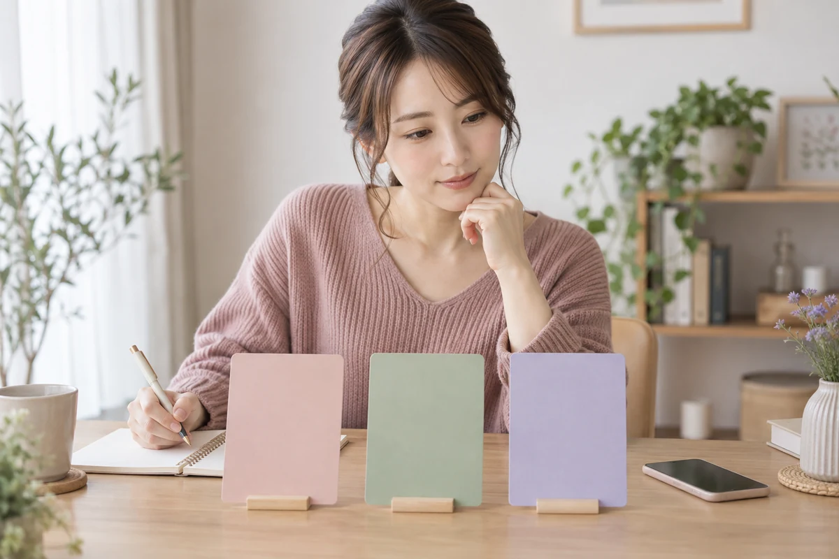 複数の口コミカードから会話の傾向を比較する女性のイメージ
