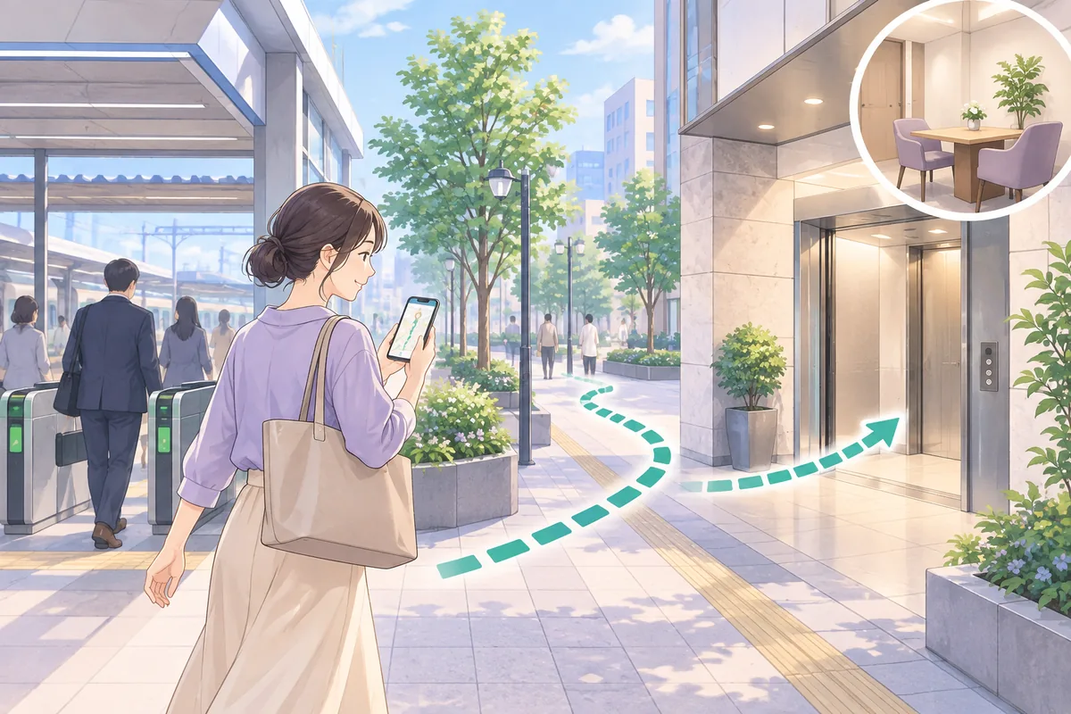 駅からスマートフォンの地図を見て相談場所へ向かう女性