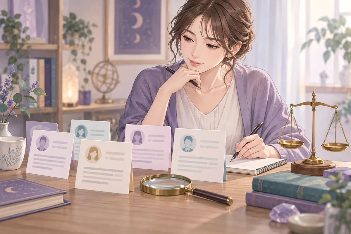 複数の口コミを比較して内容をメモする女性