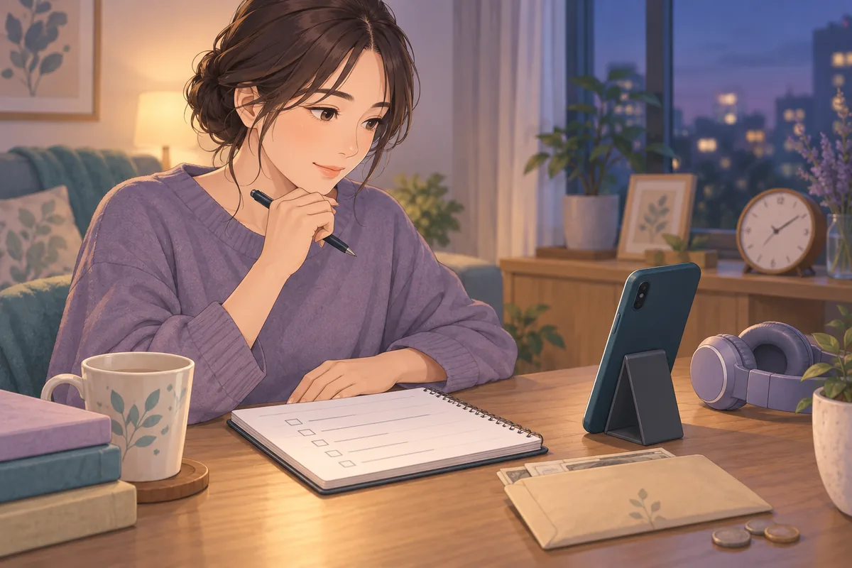 自宅で電話相談の質問と予算を準備する女性