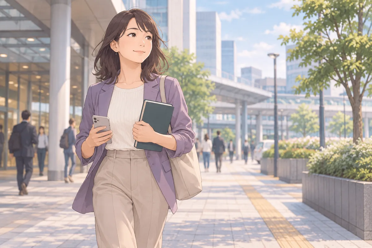 相談後にノートを持って千葉駅周辺を歩く女性