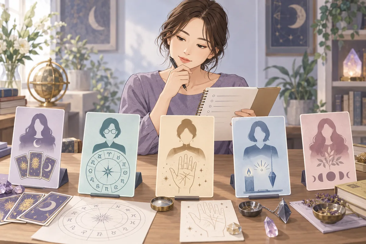 相談テーマと複数の占術を照らして占い師を選ぶ女性