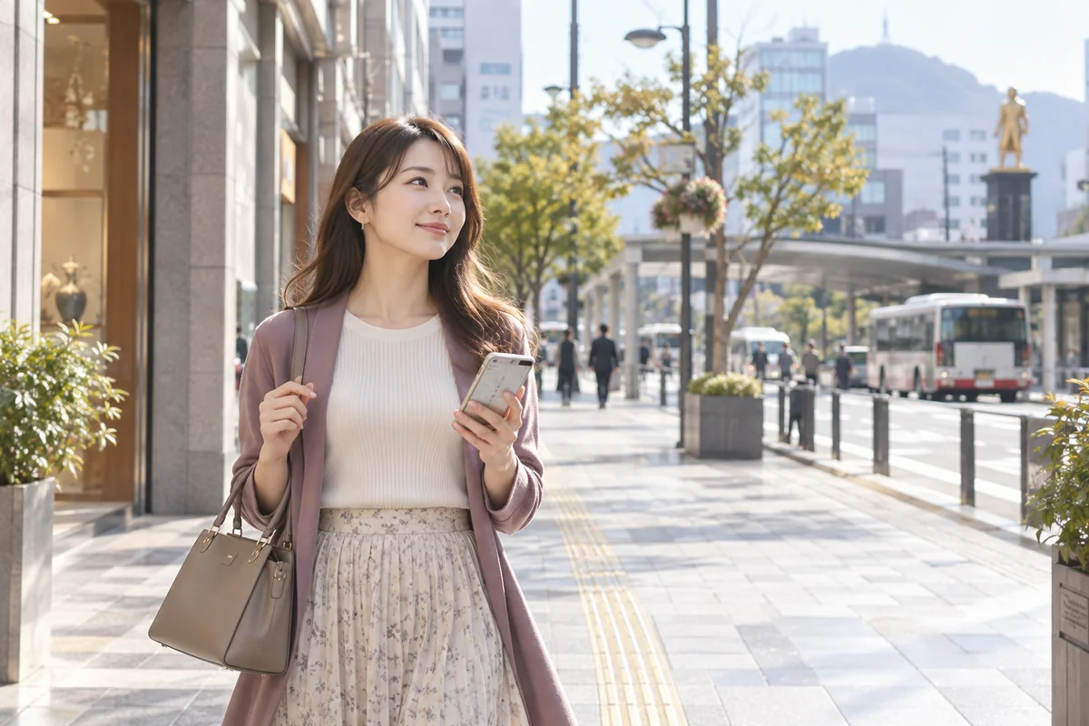 名鉄岐阜駅周辺でスマートフォンの地図を確認する女性
