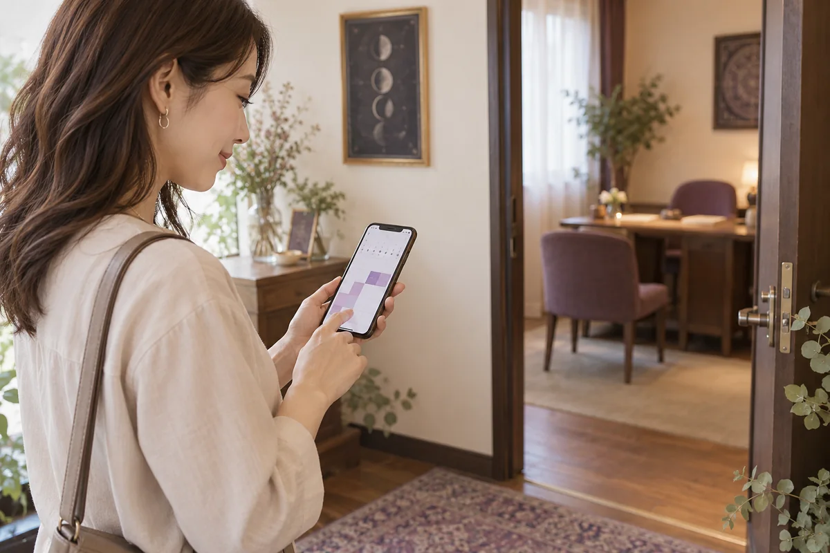 スマートフォンで占いの予約日を確認する女性