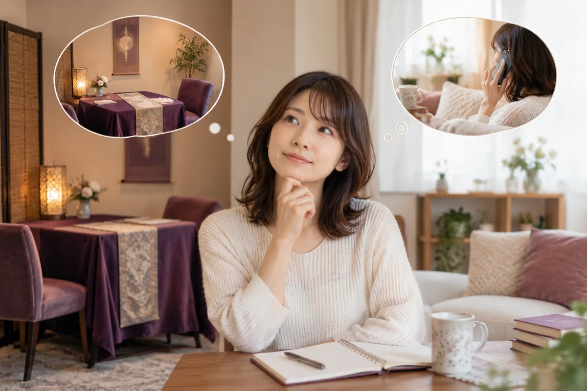 対面相談と自宅からの電話相談を比較する女性