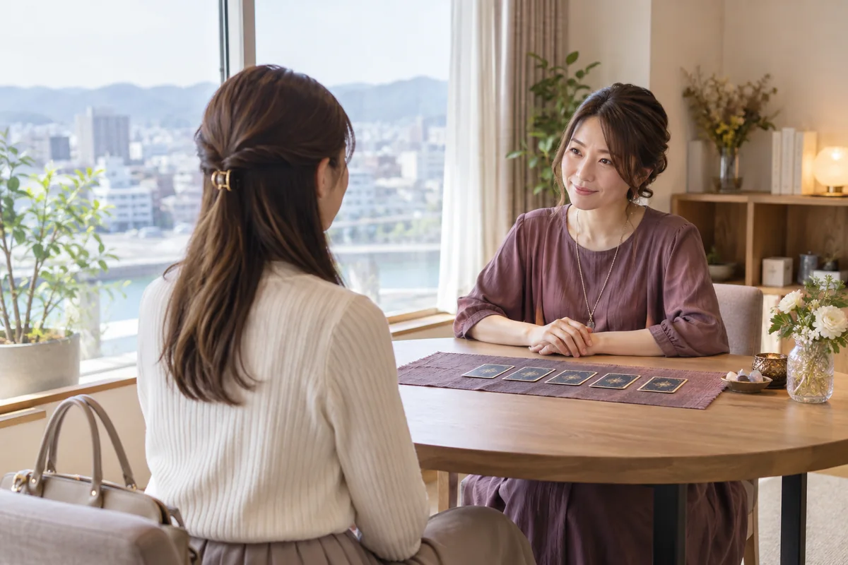 岐阜で落ち着いて対面の占い相談をする女性