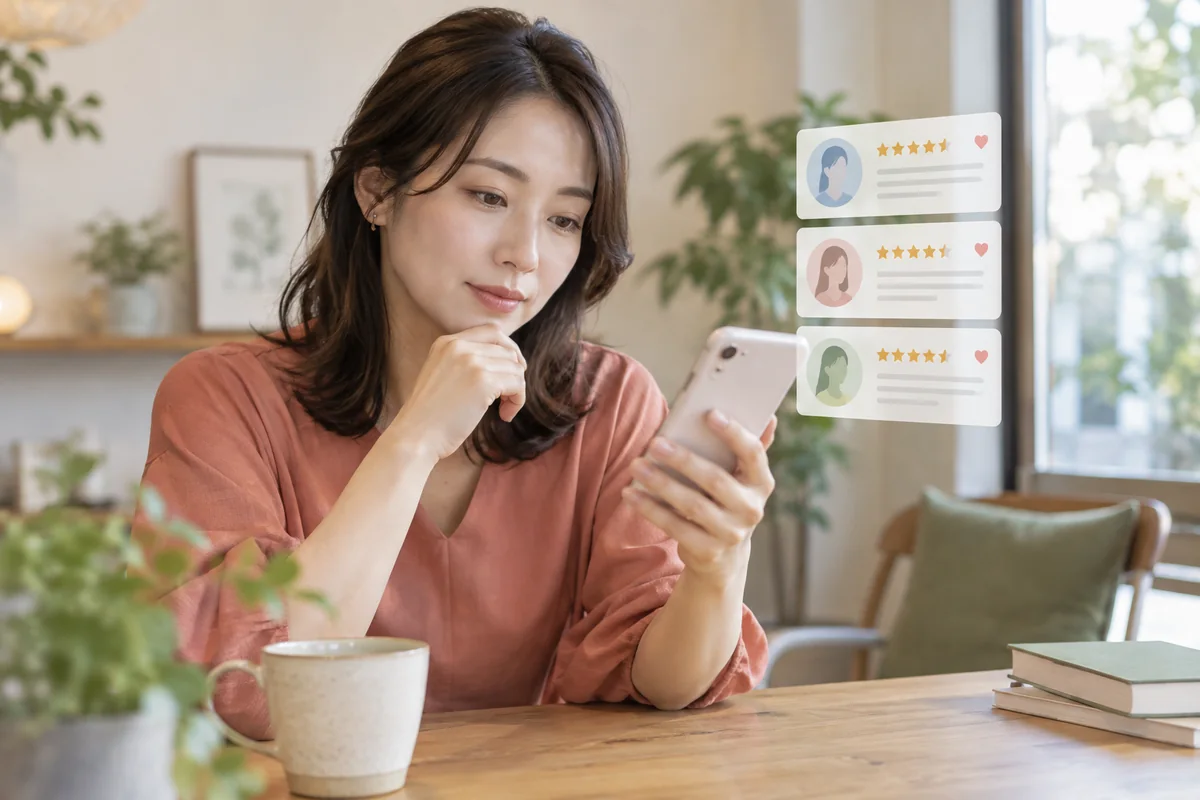 スマートフォンで占いの口コミを比較する女性