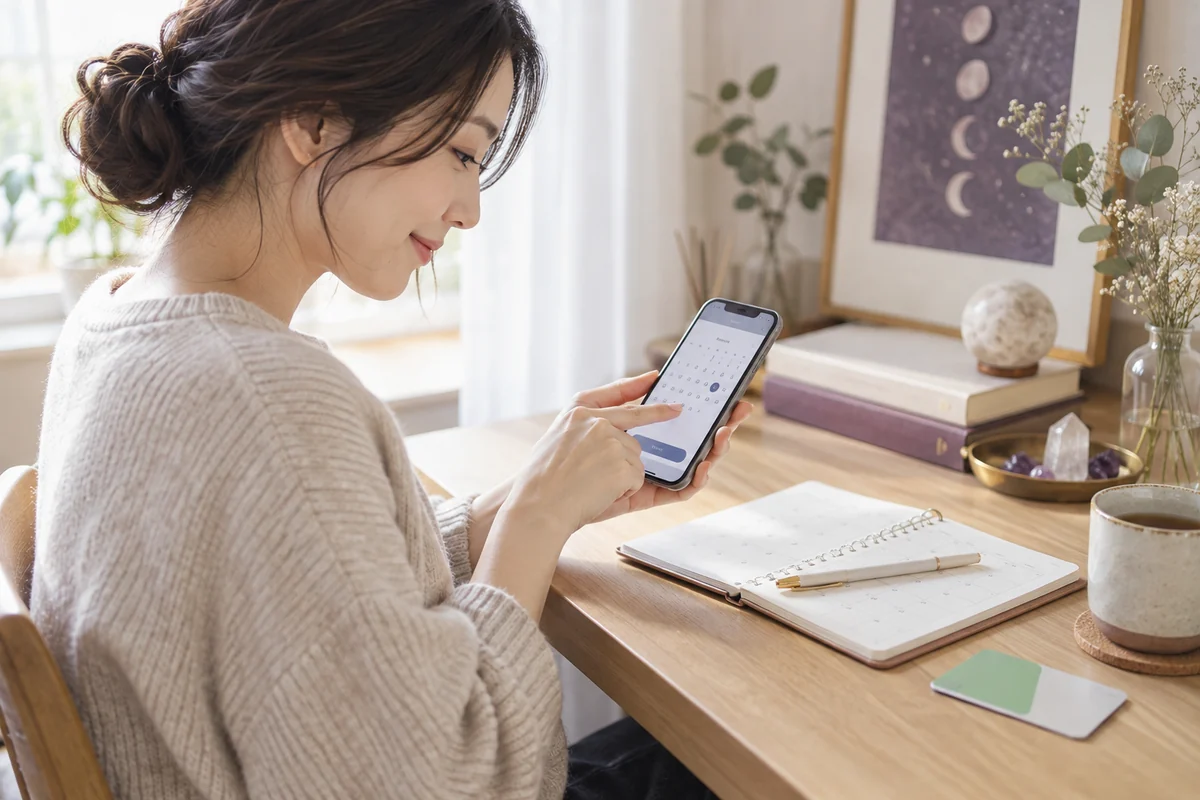 スマートフォンで占いの予約日を選ぶ女性