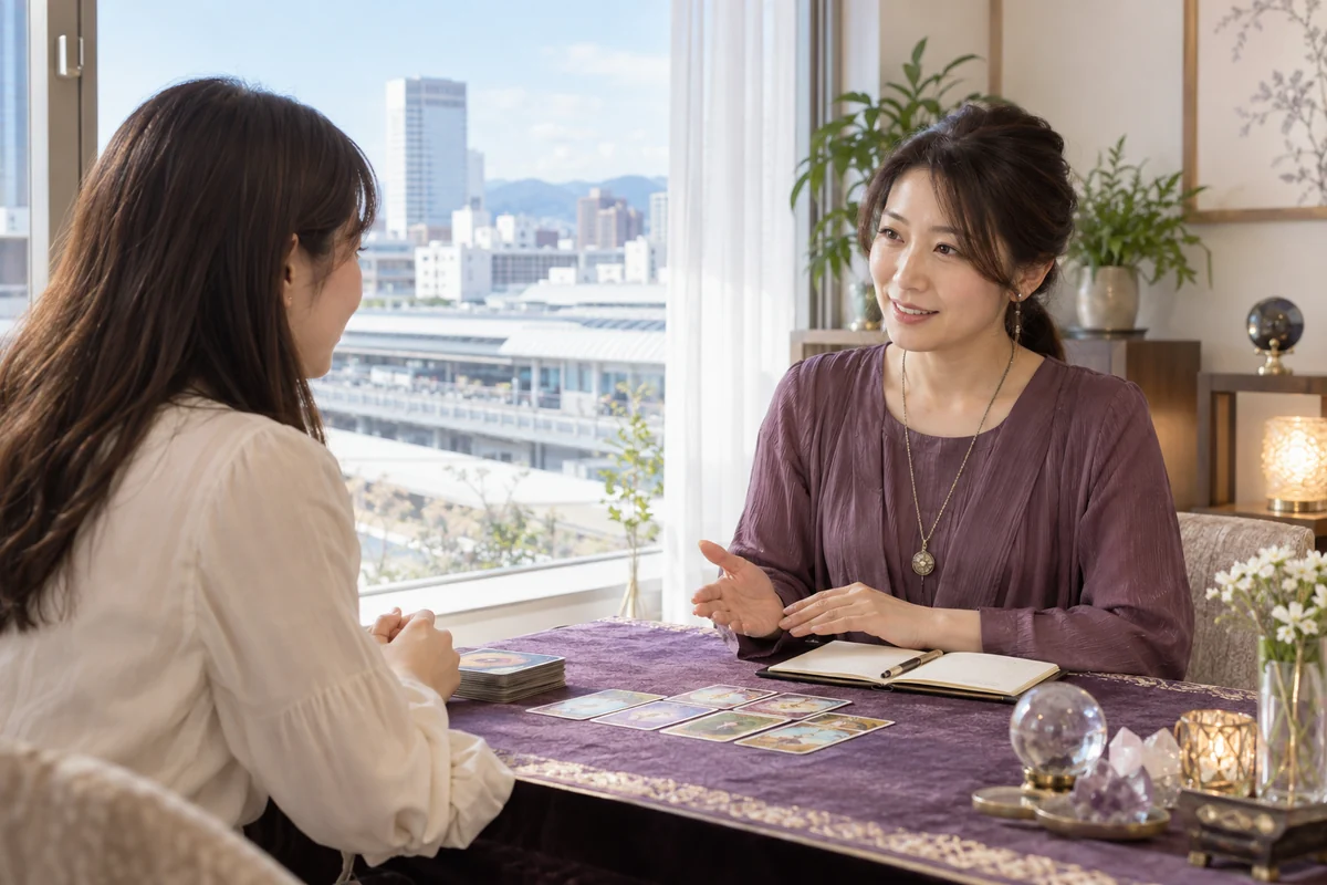 郡山駅前の個室で占い相談をする女性