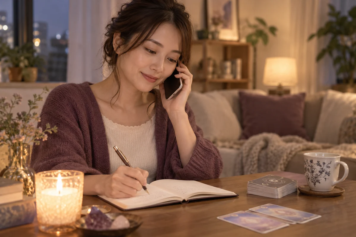 自宅でノートを開きながら電話占いを利用する女性