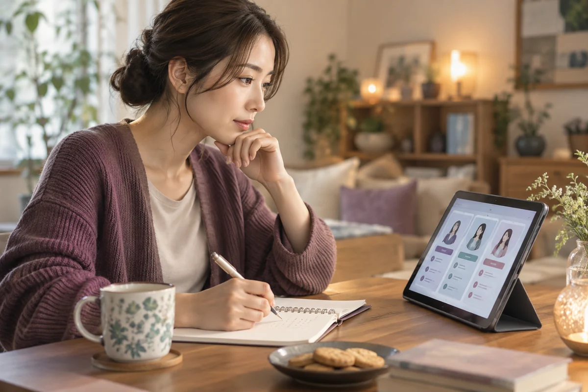 タブレットで占い師の口コミや特徴を比較する女性
